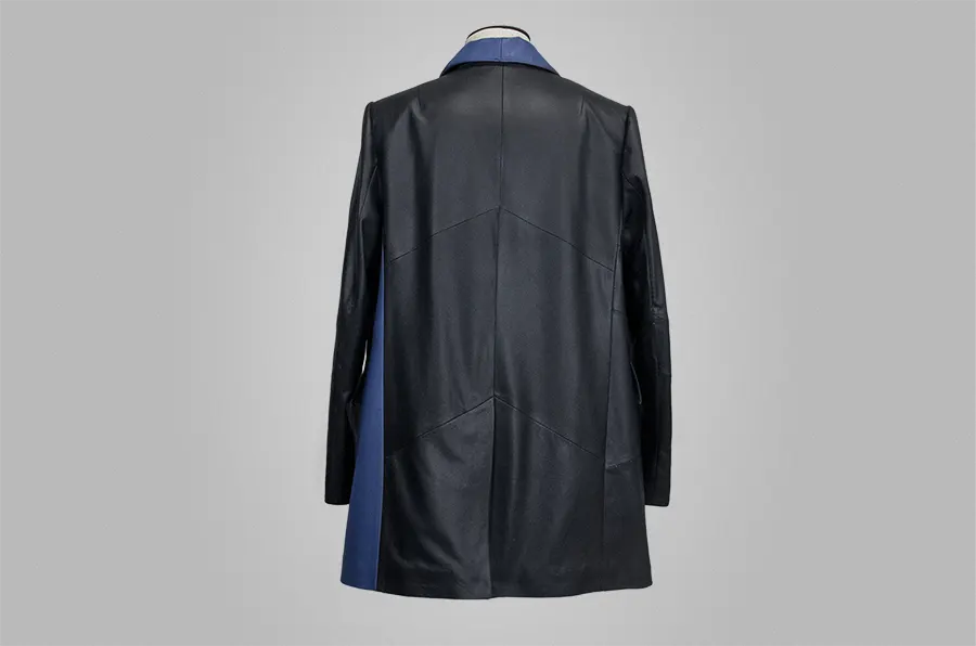 пошив кожаного пиджака с добавлением синей кожи, английский воротник, накладные карманы, шлица, асимметрия, дизайнерский пиджак Москве