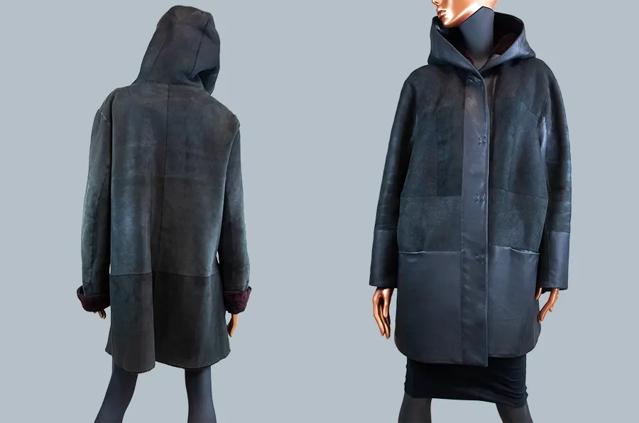 Полный перекрой дубленки в комбинированное пальто с капюшоном в ателье кожи и меха в Москве фото до и после