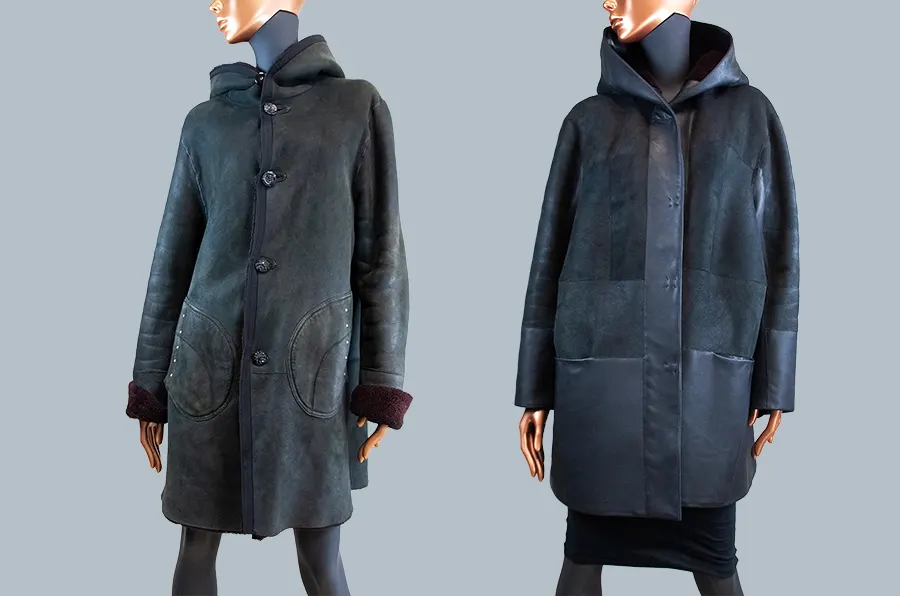 Полный перекрой дубленки в комбинированное пальто с капюшоном в ателье кожи и меха в Москве фото до и после Перешив дубленки в ателье в Москве фото до и после