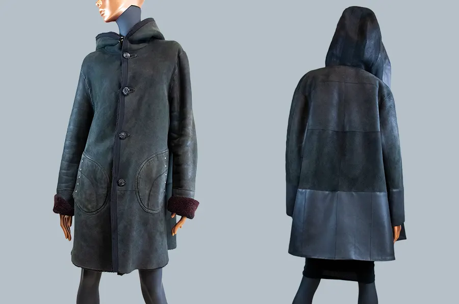 Полный перекрой дубленки в комбинированное пальто с капюшоном в ателье кожи и меха в Москве фото до и после